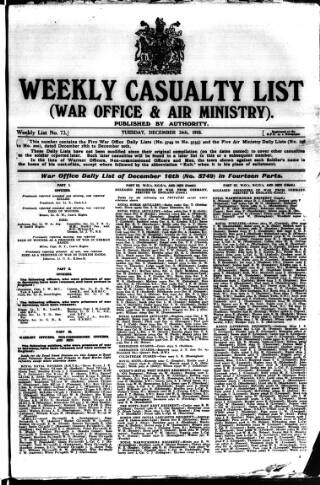 cover page of Weekly Casualty List (War Office & Air Ministry ) published on December 24, 1918