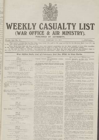 cover page of Weekly Casualty List (War Office & Air Ministry ) published on February 11, 1919