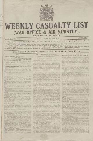 cover page of Weekly Casualty List (War Office & Air Ministry ) published on February 18, 1919