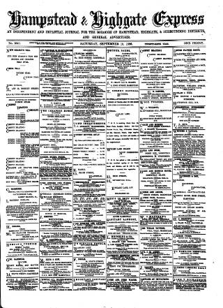 cover page of Hampstead & Highgate Express published on September 18, 1886