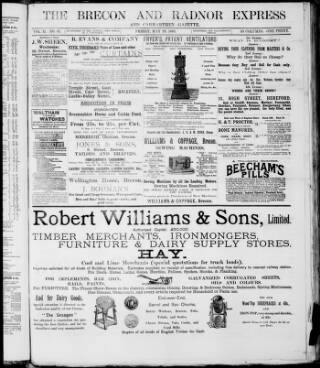 cover page of Brecon and Radnor Express and Carmarthen Gazette published on May 29, 1891