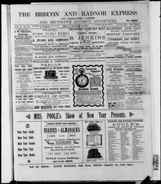 cover page of Brecon and Radnor Express and Carmarthen Gazette published on December 30, 1892