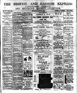 cover page of Brecon and Radnor Express and Carmarthen Gazette published on July 23, 1908