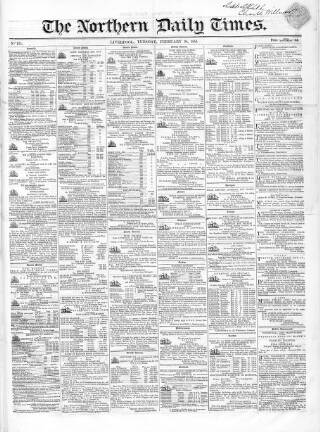 cover page of Northern Daily Times published on February 28, 1854