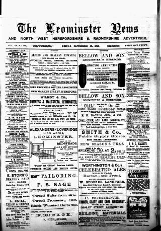 cover page of Leominster News and North West Herefordshire & Radnorshire Advertiser published on September 18, 1885