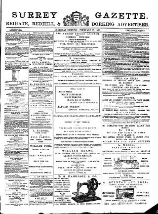 cover page of Surrey Gazette published on February 28, 1889