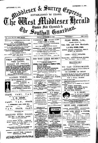 cover page of Middlesex & Surrey Express published on September 18, 1908