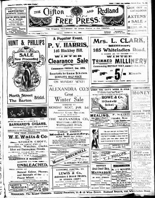 cover page of Clifton and Redland Free Press published on December 30, 1910