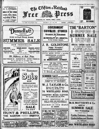 cover page of Clifton and Redland Free Press published on July 6, 1922