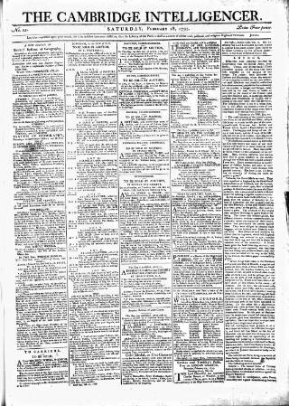 cover page of Cambridge Intelligencer published on February 28, 1795