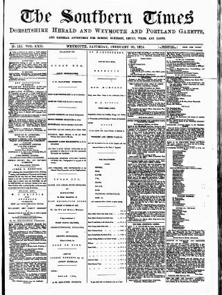 cover page of Southern Times and Dorset County Herald published on February 28, 1874