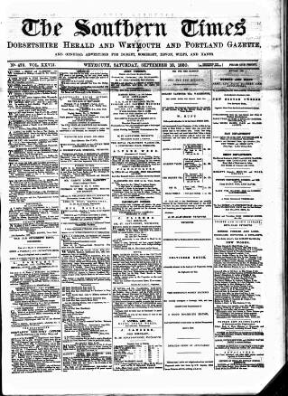 cover page of Southern Times and Dorset County Herald published on September 18, 1880