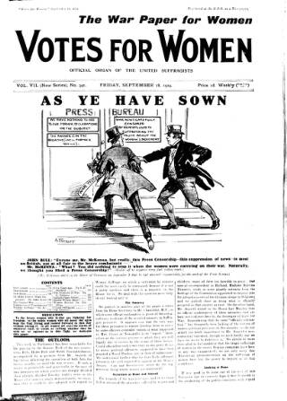cover page of Votes for Women published on September 18, 1914