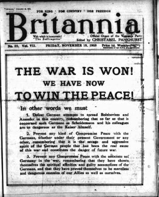 cover page of The Suffragette published on November 15, 1918