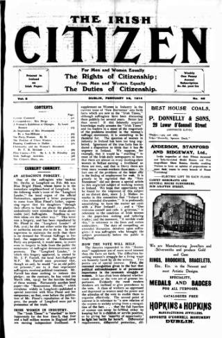 cover page of Irish Citizen published on February 28, 1914