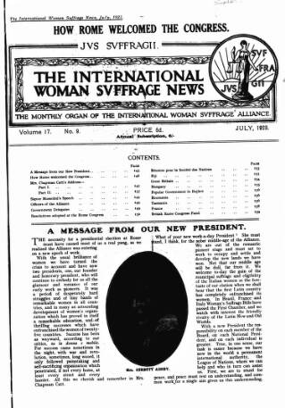 cover page of International Woman Suffrage News published on July 6, 1923