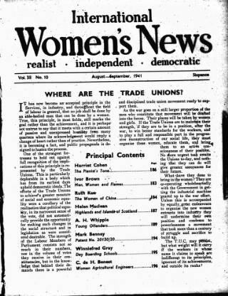 cover page of International Woman Suffrage News published on September 5, 1941