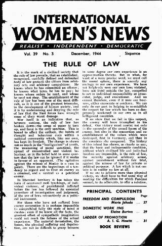 cover page of International Woman Suffrage News published on December 1, 1944