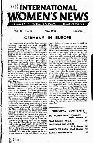 cover page of International Woman Suffrage News published on May 4, 1945