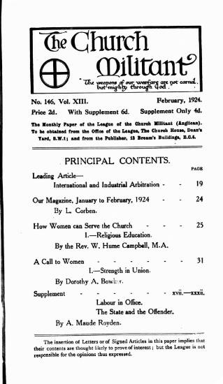 cover page of Church League for Women's Suffrage published on February 1, 1924