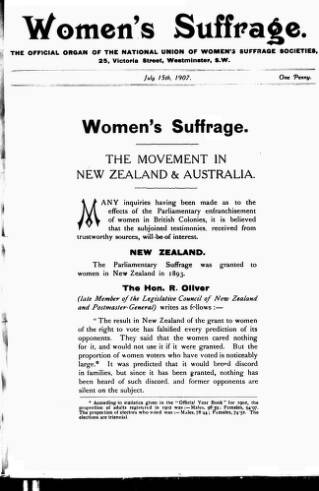 cover page of Women's Suffrage published on July 15, 1907