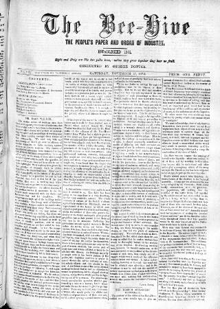 cover page of Bee-Hive published on November 15, 1873