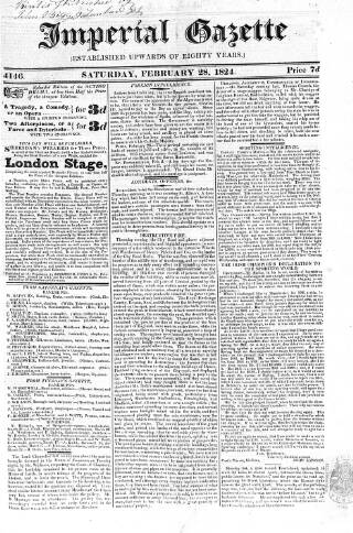 cover page of Imperial Weekly Gazette published on February 28, 1824
