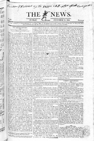 cover page of The News (London) published on December 30, 1822