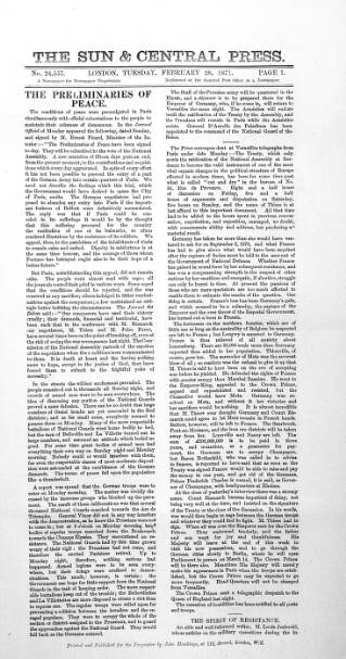 cover page of Sun & Central Press published on February 28, 1871