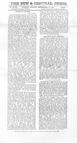 cover page of Sun & Central Press published on September 18, 1871