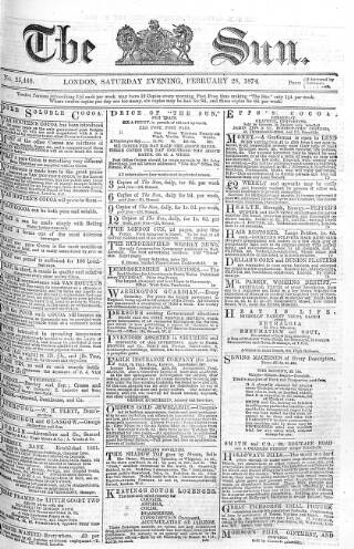cover page of Sun (London) published on February 28, 1874