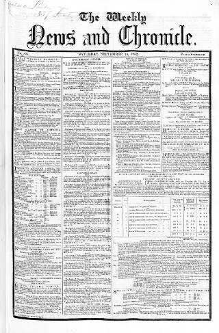 cover page of Weekly Chronicle (London) published on September 18, 1852
