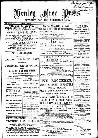 cover page of Henley & South Oxford Standard published on February 28, 1891