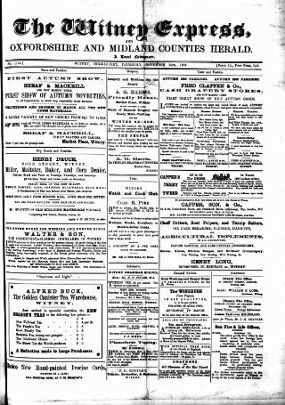 cover page of Witney Express and Oxfordshire and Midland Counties Herald published on November 15, 1883