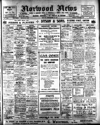 cover page of Norwood News published on September 18, 1914