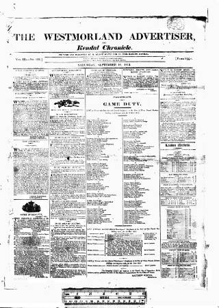 cover page of Westmorland Advertiser and Kendal Chronicle published on September 18, 1813