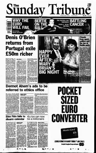 cover page of Sunday Tribune published on December 30, 2001