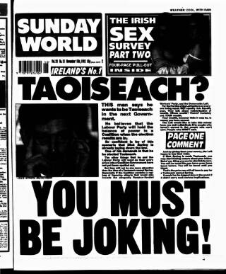 cover page of Sunday World (Dublin) published on November 15, 1992