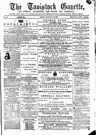 cover page of Tavistock Gazette published on February 28, 1873