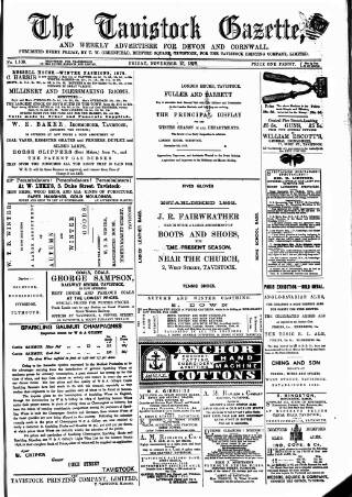 cover page of Tavistock Gazette published on November 15, 1878