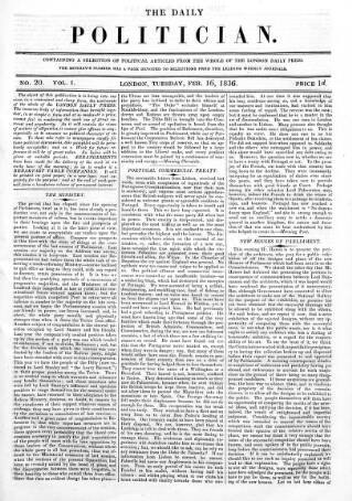 cover page of Daily Politician published on February 16, 1836
