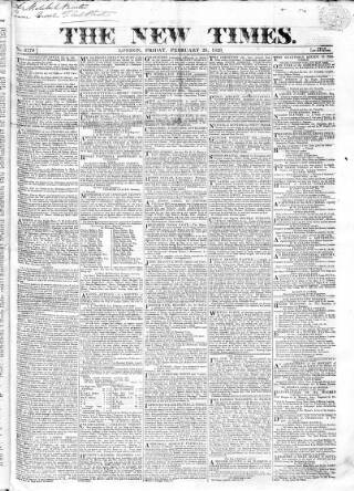 cover page of New Times (London) published on February 28, 1823