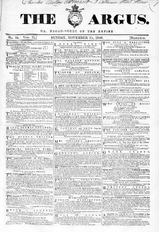 cover page of Argus, or, Broad-sheet of the Empire published on November 15, 1840