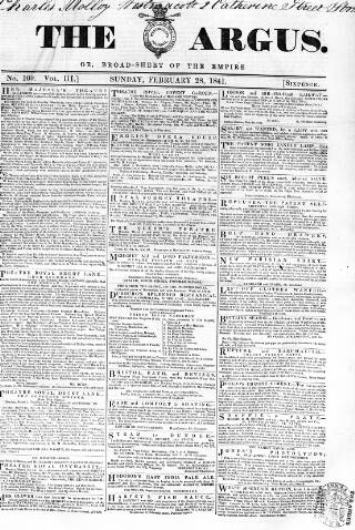 cover page of Argus, or, Broad-sheet of the Empire published on February 28, 1841