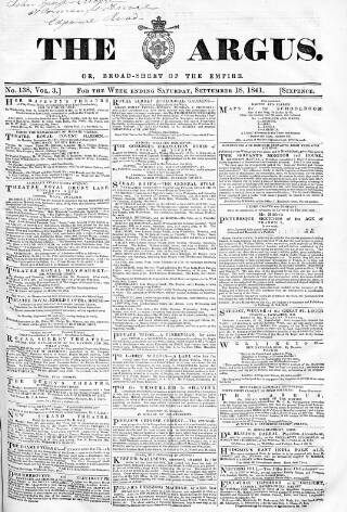 cover page of Argus, or, Broad-sheet of the Empire published on September 18, 1841