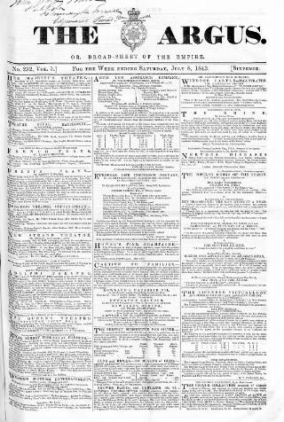 cover page of Argus, or, Broad-sheet of the Empire published on July 8, 1843