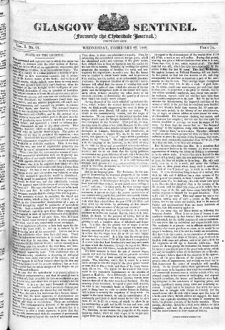 cover page of Glasgow Sentinel 1821 published on February 27, 1822