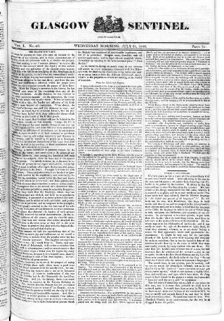cover page of Glasgow Sentinel published on July 31, 1822