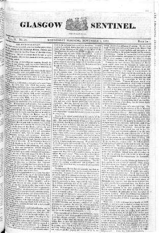 cover page of Glasgow Sentinel published on November 6, 1822