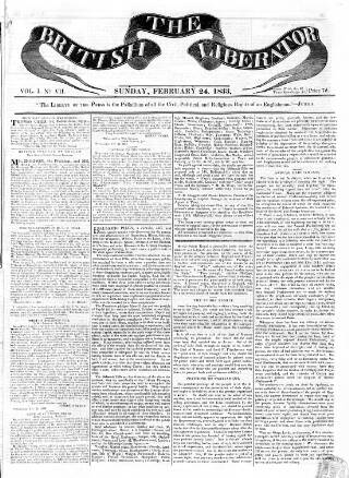cover page of British Liberator published on February 24, 1833